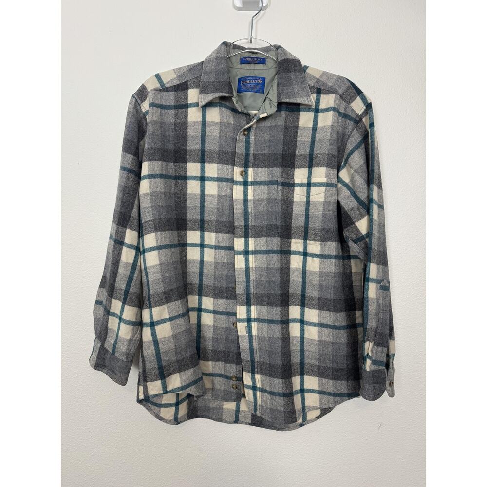 Pendleton Shirt Mens Medium Gray Plaid Wool Flannel Long Sleeve Lined Made USA - Picture 2 of 9